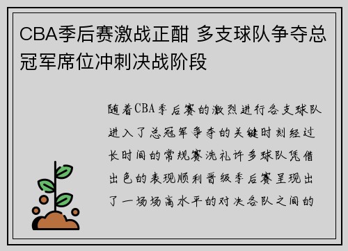 CBA季后赛激战正酣 多支球队争夺总冠军席位冲刺决战阶段